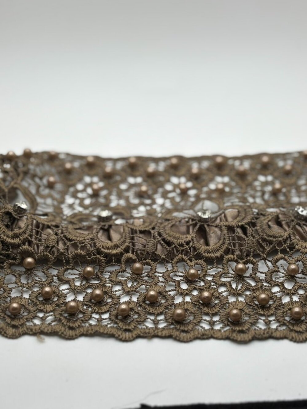Bronze Taupe Lace Beaded Rhinestone Stretch Headband